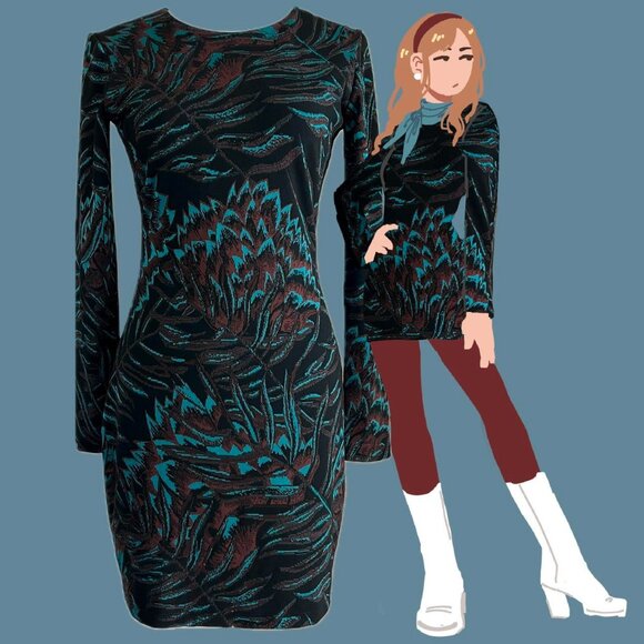 Mara Hoffman Herbarium Jacquard Teal Brown Gold Fitted Bodycon Long Sleeve Dress - Picture 1 of 8